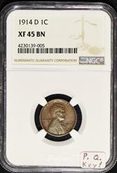 1914-D Lincoln Wheat Cent NGC XF-45 BN; Premium Quality Key!  