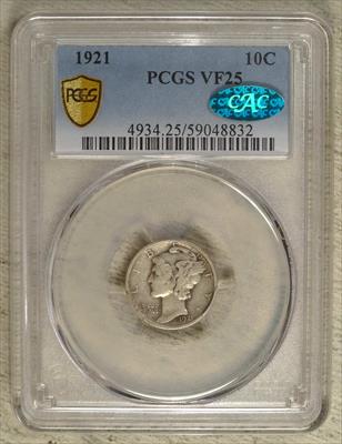 1921 Mercury Dime, PCGS/CAC VF-25, Scarce CAC