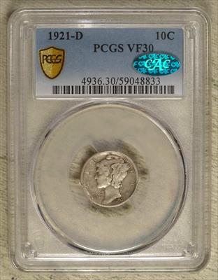 1921-D Mercury Dime, Choice Very Fine, PCGS/CAC VF-30, Scarce