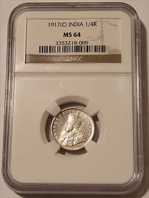 India - British - George V 1917 (C) Silver 1/4 Rupee MS64 NGC