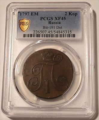 Russia Paul I 1797 EM 2 Kopeks XF45 PCGS