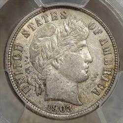 1903-O Barber Dime, Choice AU/Unc, PCGS AU-58, Scarcer