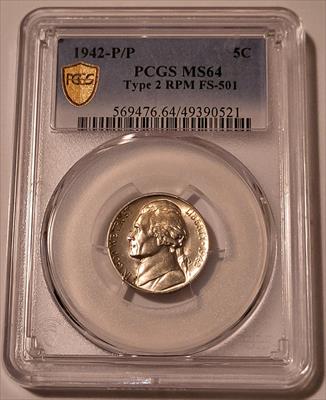 1942 P/P Jefferson Silver Nickel RPM FS-501 MS64 PCGS GSH