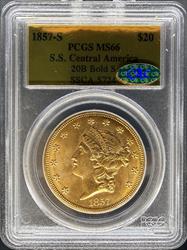 1857-S SSCA $20 Liberty MS66 PCGS 20B Bold S Gold Foil