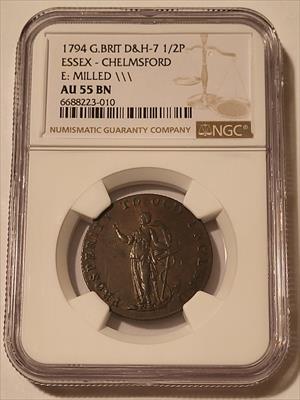 Great Britain 1794 1/2 Penny Conder Token Essex - Chelmsford DH-7 AU55 BN NGC