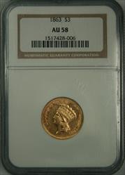 1863 $3 Princess AU58 NGC