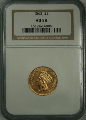 1863 $3 Princess AU58 NGC