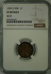 1909-S VDB Lincoln Cent VF Details NGC, Bent