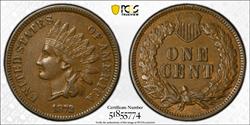 1872 Indian Cent, Snow-5a, Repunched Date, RPD, Almost Uncirculated PCGS AU-50