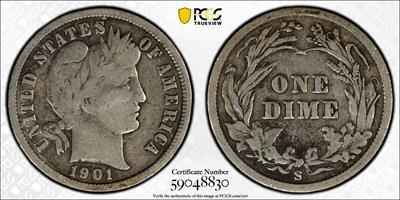 1901-S Barber Dime, Semi Key Date, PCGS Fine-12