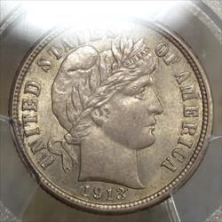 1913 Barber Dime, Choice Uncirculated, PCGS MS-63