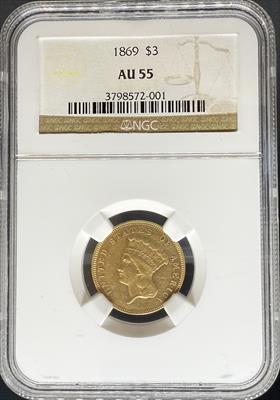 1869 $3 Princess AU55 NGC