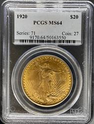 1920 $20 St Gaudens MS64 PCGS