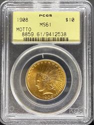 1908 Motto $10 Indian MS61 PCGS OGH