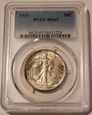 1945 Walking Liberty Half Dollar MS65 PCGS Toning