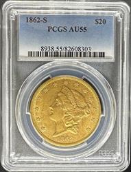 1862-S $20 Liberty AU55 PCGS