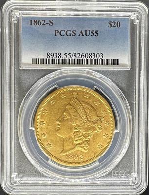 1862-S $20 Liberty AU55 PCGS