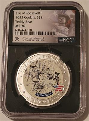 Cook Islands 2022 1/2 oz Silver $2 Theodore Roosevelt - Teddy Bear MS70 NGC Low Mintage