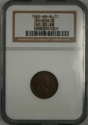 1922 No D Lincoln Cent VF25BN NGC Strong Reverse