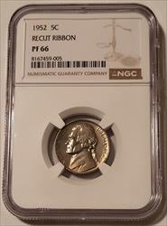 1952 Jefferson Nickel Recut Ribbon Proof PF66 NGC Light Toning