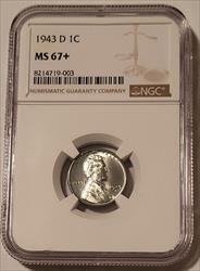 1943 D Lincoln Wheat Steel Cent MS67+ NGC
