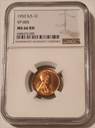1953 S/S Lincoln Wheat Cent RPM VP-005 MS66 RED NGC