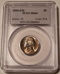 1954 S/D Jefferson Nickel MS64 PCGS Toned