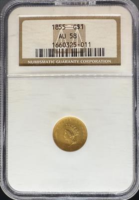 1855 T2 Gold Dollar AU58 NGC