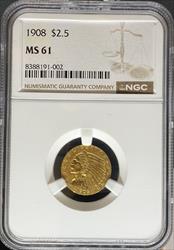 1908 $2.5 Indian MS61 NGC