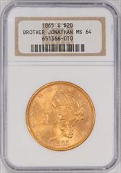 1865-S $20 Liberty MS64 NGC Brother Jonathan