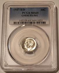 1947 S/D Roosevelt Dime OMM FS-501 MS65 PCGS