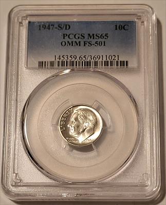 1947 S/D Roosevelt Dime OMM FS-501 MS65 PCGS