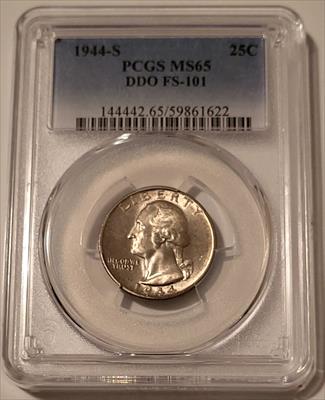1944 S Washington Quarter DDO FS-101 MS65 PCGS Toning
