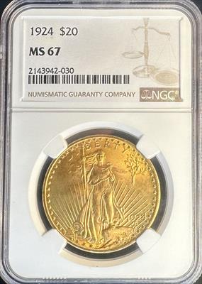 1924 $20 St Gaudens MS67 NGC