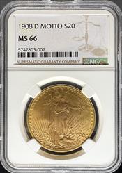 1908-D Motto $20 St Gaudens MS66 NGC