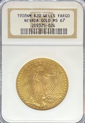 1908 NM Well's Fargo $20 St Gaudens MS67 NGC