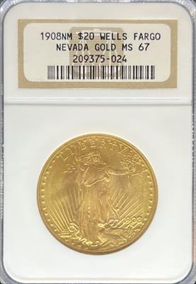 1908 NM Well's Fargo $20 St Gaudens MS67 NGC