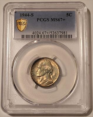 1944 S Jefferson Silver Nickel MS67+ PCGS GSH Toned
