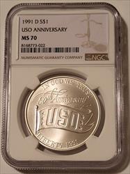 1991  D USO Commemorative Silver Dollar MS70 NGC