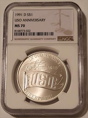 1991  D USO Commemorative Silver Dollar MS70 NGC