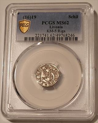 Livonia (Latvia) Sigismund III Vasa 1619 Silver Schilling Riga Mint MS62 PCGS GSH