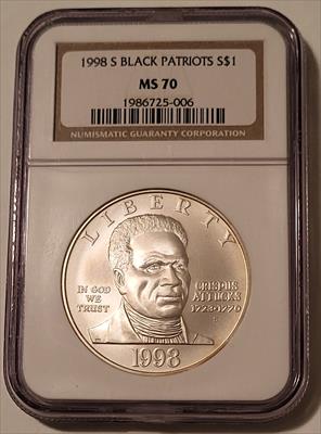 1998 S Black Patriots - Crispus Attucks Commemorative Silver Dollar MS70 NGC Light Patina