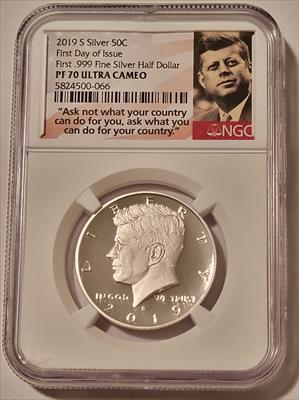 2019 S Silver Kennedy Half Dollar Proof PF70 UC NGC Portrait Label FDI