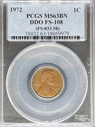 1972 DDO Lincoln Cent MS63 BN PCGS FS-108 MS63BN