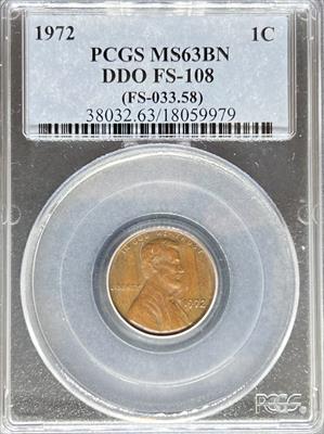 1972 DDO Lincoln Cent MS63 BN PCGS FS-108 MS63BN