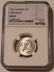 Canada George VI 1951 Silver 25 Cents Hight Relief MS63 NGC