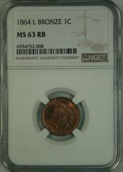 1864-L Indian Cent MS63RB NGC