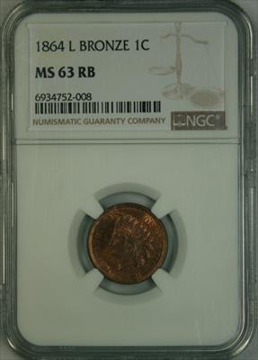 1864-L Indian Cent MS63RB NGC