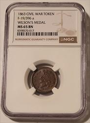 Civil War Patriotic Token 1863 Wilson's Medal F-19/396a R2 MS65 BN NGC
