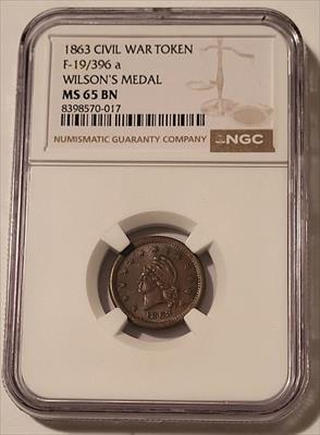 Civil War Patriotic Token 1863 Wilson's Medal F-19/396a R2 MS65 BN NGC